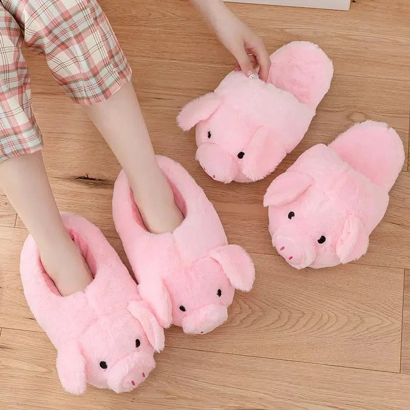 Furry stereoscopic piggy slippers home indoor slip-on fur loafers shoes ladies chunky roomy floor slippers pink animal slides
