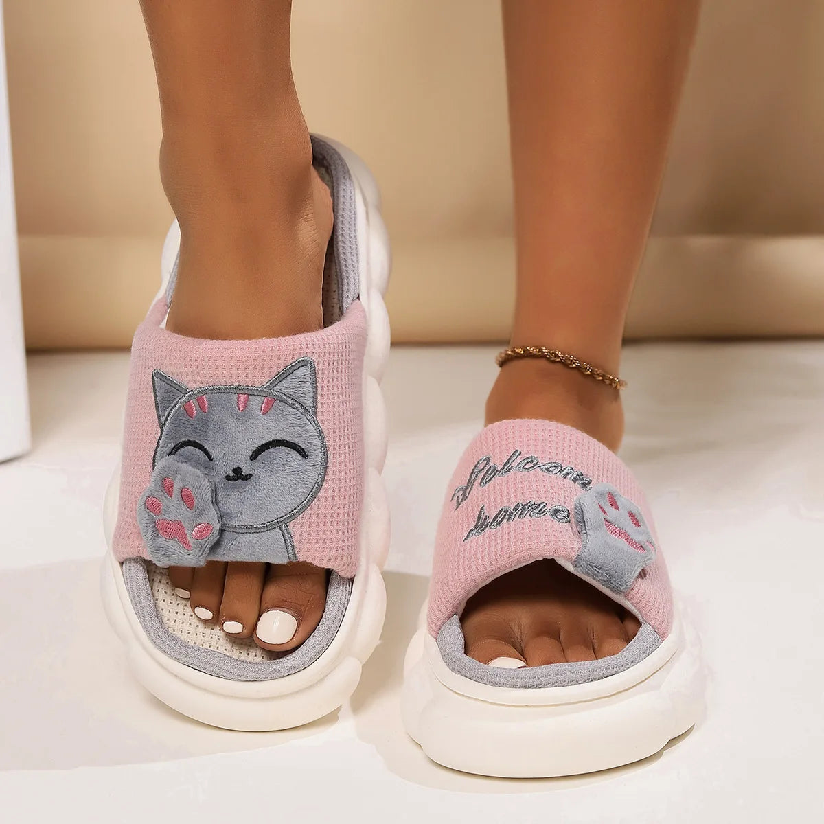 Home Linen Slipper for Women Cute Bunny Clouds Flip Flops Female Design Cozy Shoes Slides Four Season Platform Couples Sandals