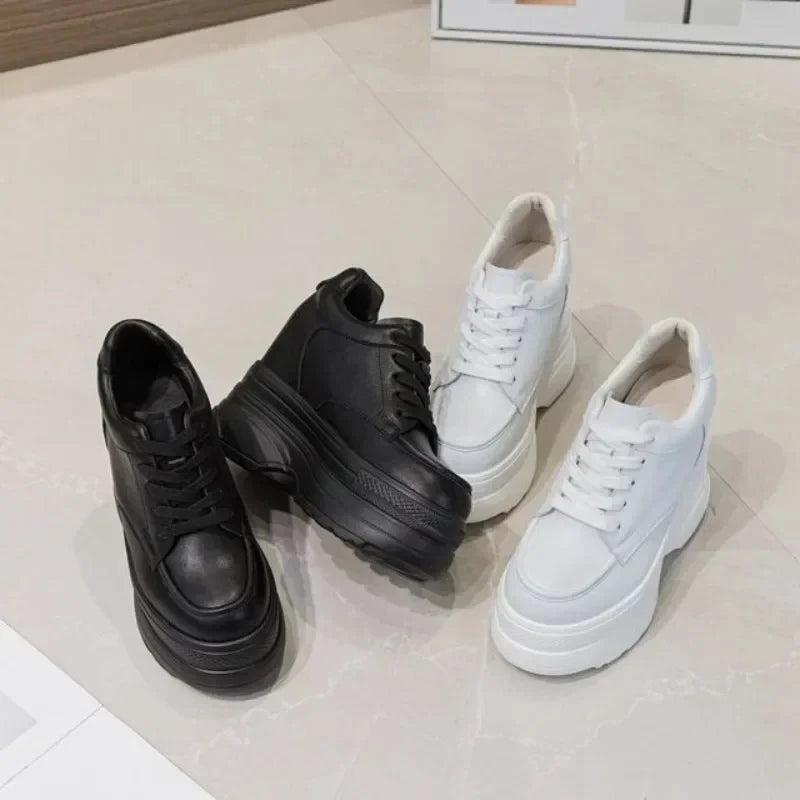 New Women Sneakers Genuine Leather Casual Platform Trainers Black Shoe 11CM Heels Autumn Wedges Woman Height Increasing Shoes