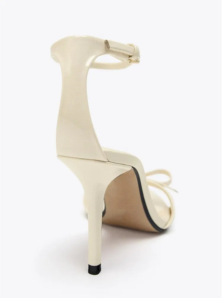 Beige Bow Designer Shoes Ankle Strap Heeled Sandals Women Elegant Patent Leather Thin High Heels Party Shoes Sandalias De Mujer