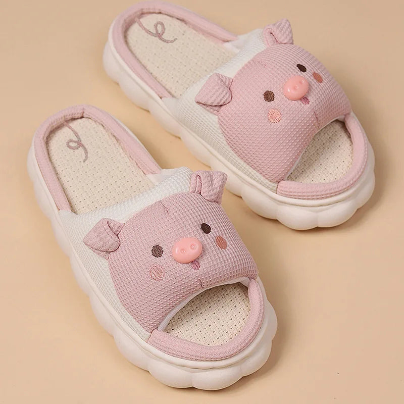 Home Linen Slipper for Women Cute Bunny Clouds Flip Flops Female Design Cozy Shoes Slides Four Season Platform Couples Sandals