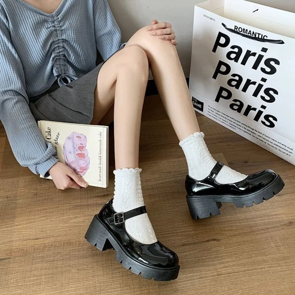 Mary Janes Lolita JK Leather Shoes Glossy/Matte Ankle Buckle Casual Single Shoes Platform Lolita Black High Heels Shoes Lady