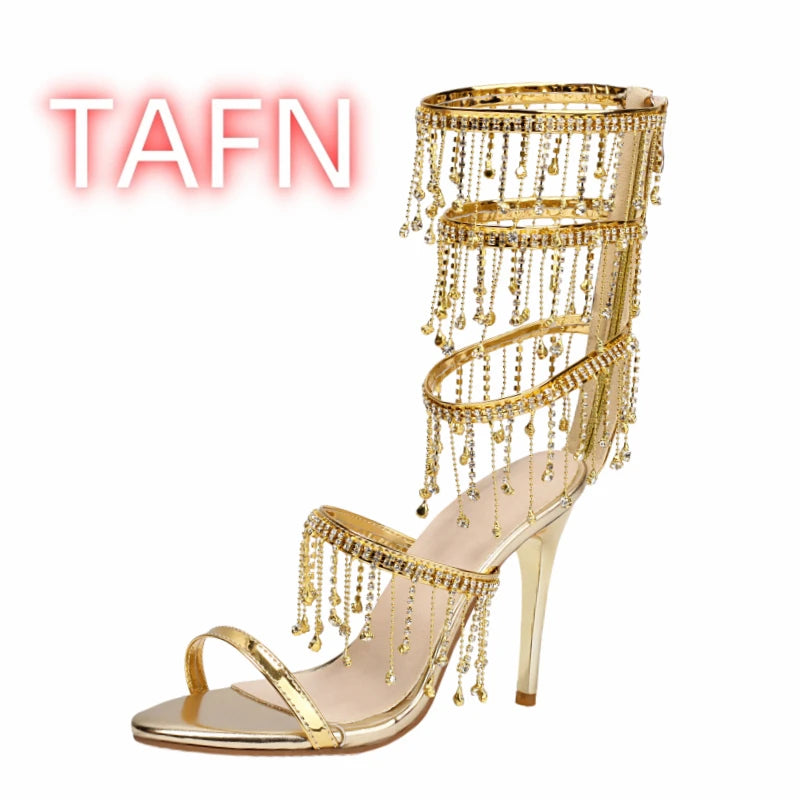 2025 Summer New Diamond Drip Sandals Women's Embellished High Heeled Sandals In Gold And Silver Metallic Beaded Trim Sandals
