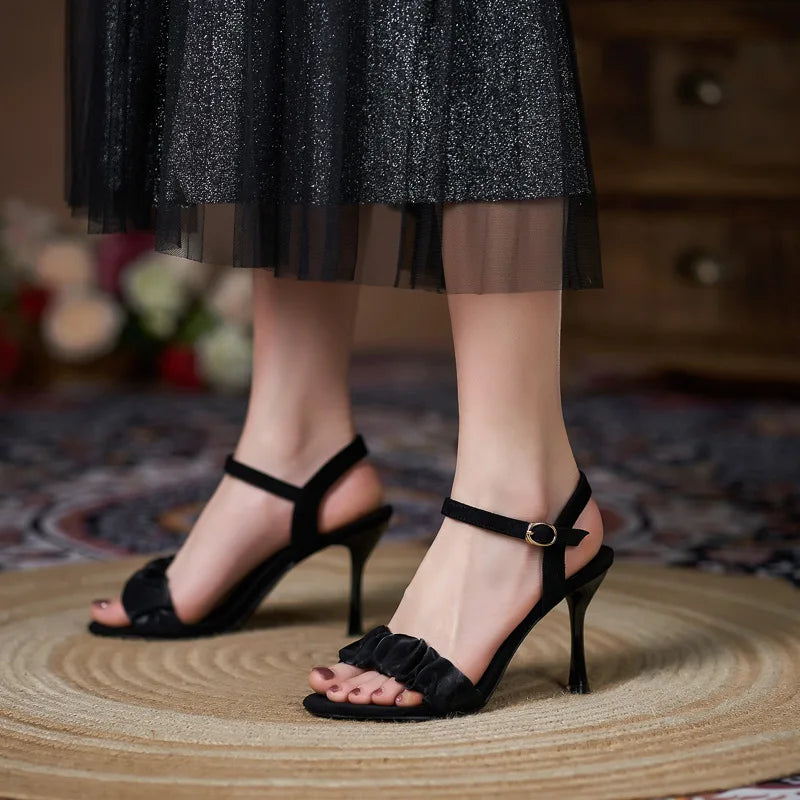 31-43 New High Heels Thin Heel Large Size Buckle Sandals Women Ribbon Fashion Black Women's Shoes