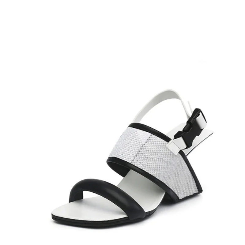 Summer Concise Sexy Women Sandals Square Toe Strange Heels Buckle Femme Pumps Shallow Peep Toe Solid Color Non-Slip Lady Shoes
