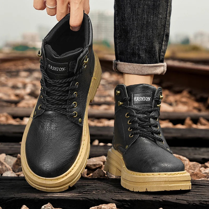 Brand Black Men's Motorcycle Boots Platform Work Boots Man Street Outdoor Biker Shoes Men Leather Ankle Boots for Men Casual
