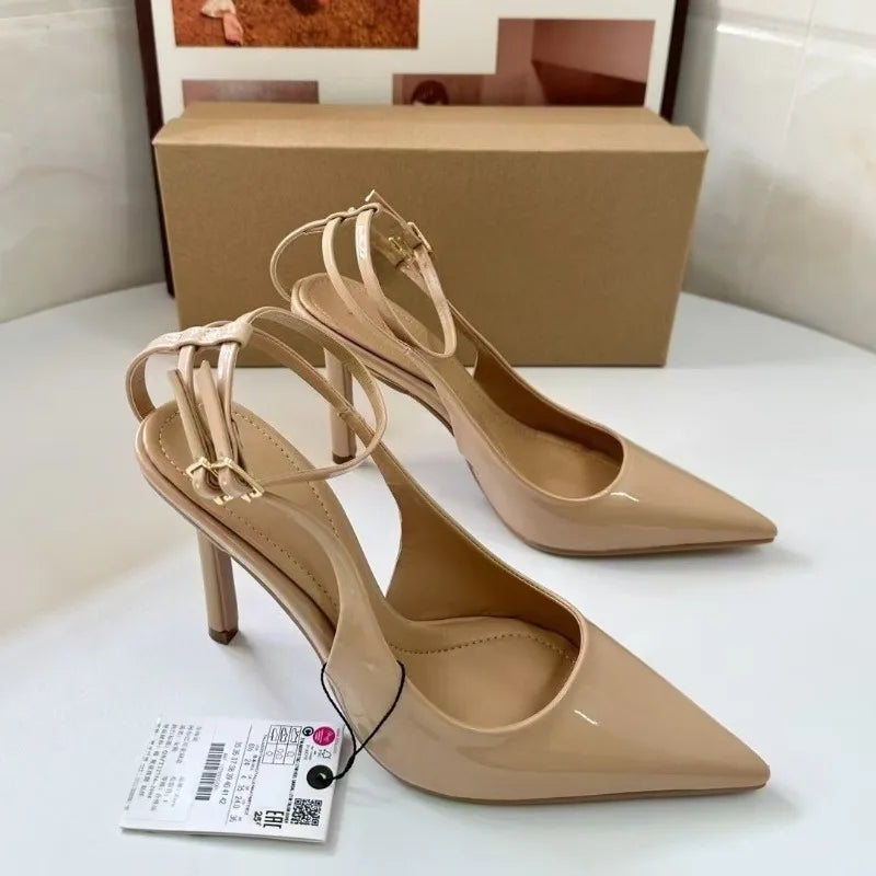 2025 Summer Luxury Designer Women Modern Sandals Patent Leather Sexy Ankle Strap Dress Party Slingbacks High Heels Ladies Shoes