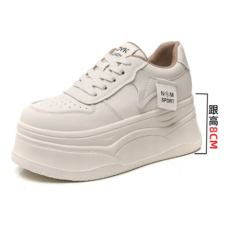 Koznoy Chunky Sneakers Genuine Leather Women Walking Shoes Autumn 12cm Platform Sneakers for Women Casual Shoes White Shoes