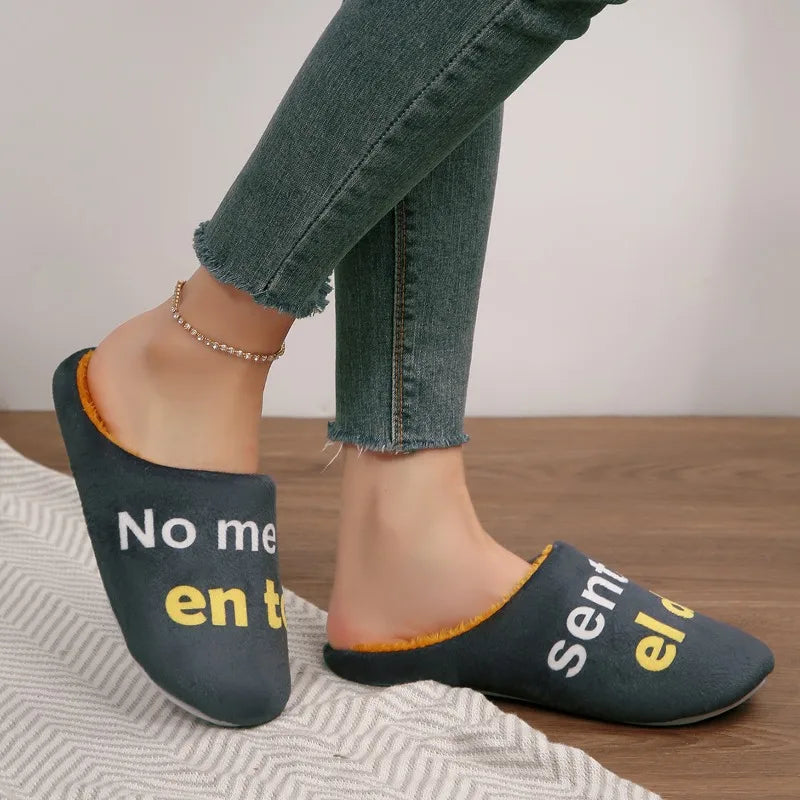 Women's 2026 Winter High Quality Short Plush Slippers Fashion Letter Printed Indoor Slippers Comfortable Non-slip Warm Mules