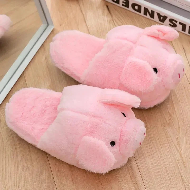 Furry stereoscopic piggy slippers home indoor slip-on fur loafers shoes ladies chunky roomy floor slippers pink animal slides