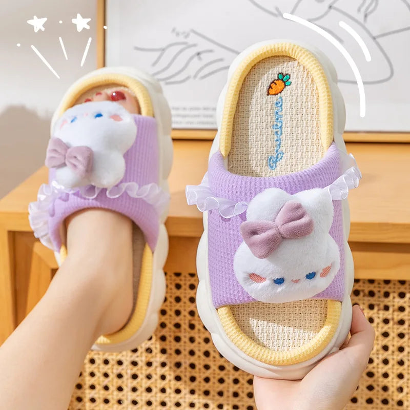 Home Linen Slipper for Women Cute Bunny Clouds Flip Flops Female Design Cozy Shoes Slides Four Season Platform Couples Sandals