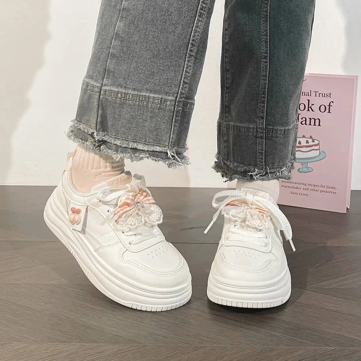 Women's Cute Cherry Platform Casual Sneakers Soft Sole Height-Increasing Unique Design Student Versatile Shoes