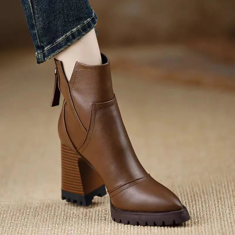 Oulylan Thick High-heeled Women Shoes Retro Elegant Back Zipper Short Boot Autumn Winter Fashion Soft Leather Boots 34-39