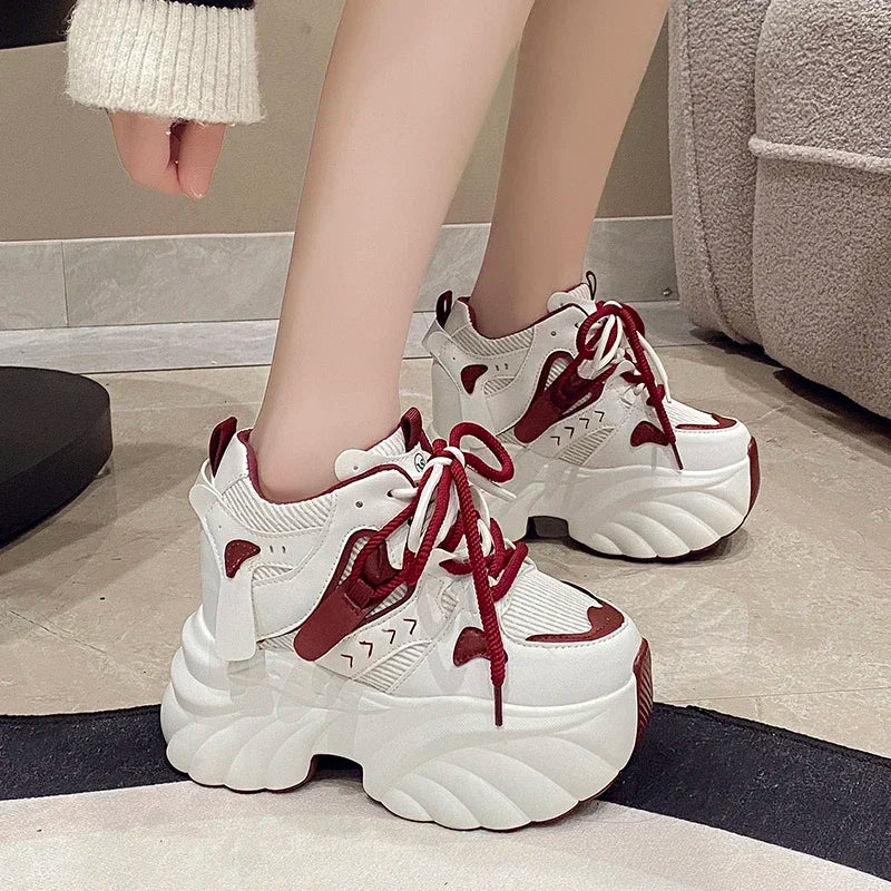 Women Platform Sneakers Lace-up Autumn 11CM Sports Dad Shoes High Top Chunky Casual Shoes Woman Thick Bottom Mesh White Shoes