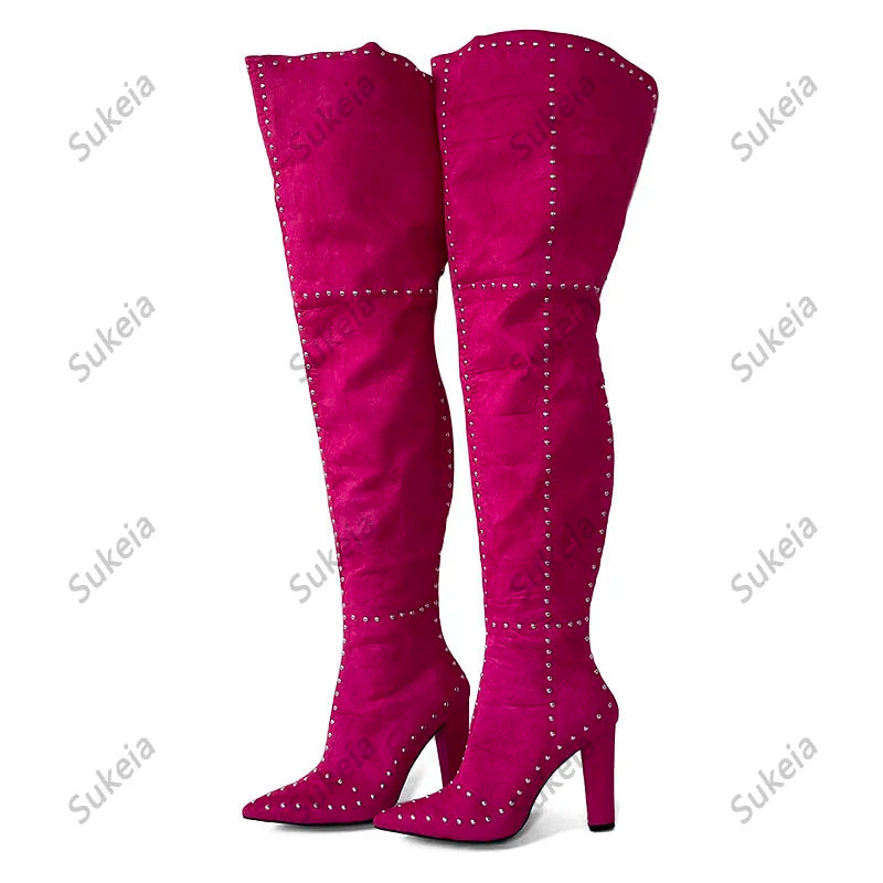 Sukeia Handmade Women Winter Thigh Boots Sexy Rivets Chunky Heels Pointed Toe Beautiful Fuchsia Red Shoes Ladies US Size 5-15