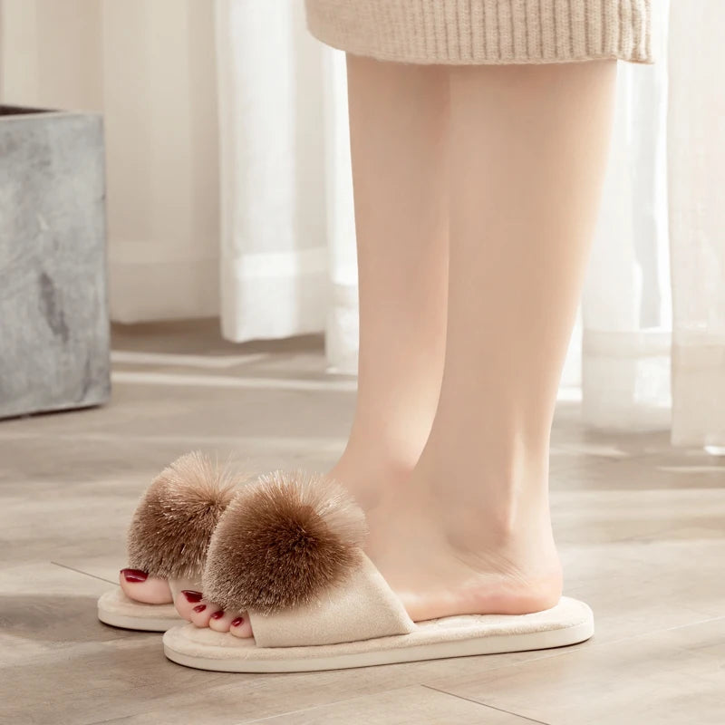 New Winter Open Toe Slipper Fashion Fur Thick Sole Flats Heel Ladies Casual Slip On Bedroom Shoes Soft Outdoor Slides Shoes