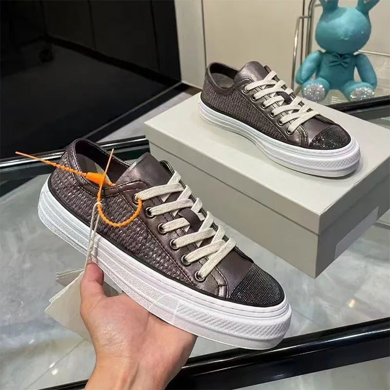Classic Casual Sneakers Women Genuine Leather String Bead Round Toe Lace Up Flat Shoes Woman Braided Patchwork Walk Shoes Woman