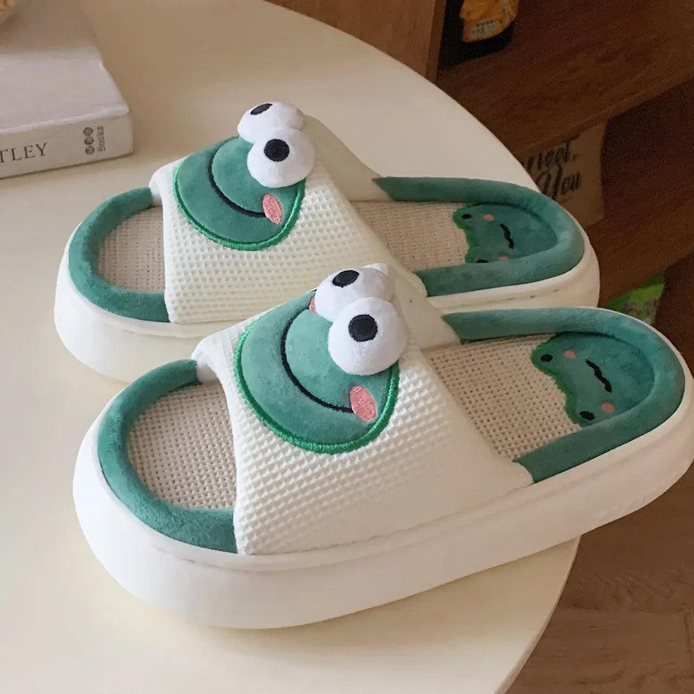 Home Linen Slipper for Women Cute Bunny Clouds Flip Flops Female Design Cozy Shoes Slides Four Season Platform Couples Sandals