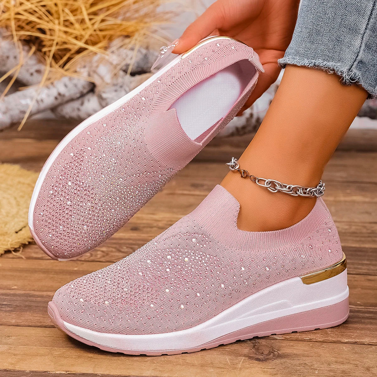 2025 Women Wedges Platform Sneakers Autumn Fashion Woven Round Toe Casual Sneakers Sports Slip-on Non Slip Vulcanized Shoes