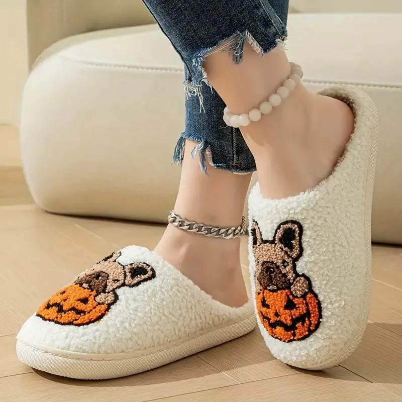 New Comfortable Halloween Pumpkin Slippers for Women, Indoor and Outdoor Pumpkin Dog Non-Slip Warm Thick Slippers