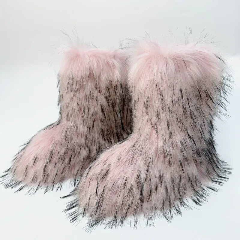 2023 Y2k Fur Snow Boots for Women Winter Warm Plush Boots Outdoor Platform Solid Color Mid Calf Boots Furry Cute Girl Shoes