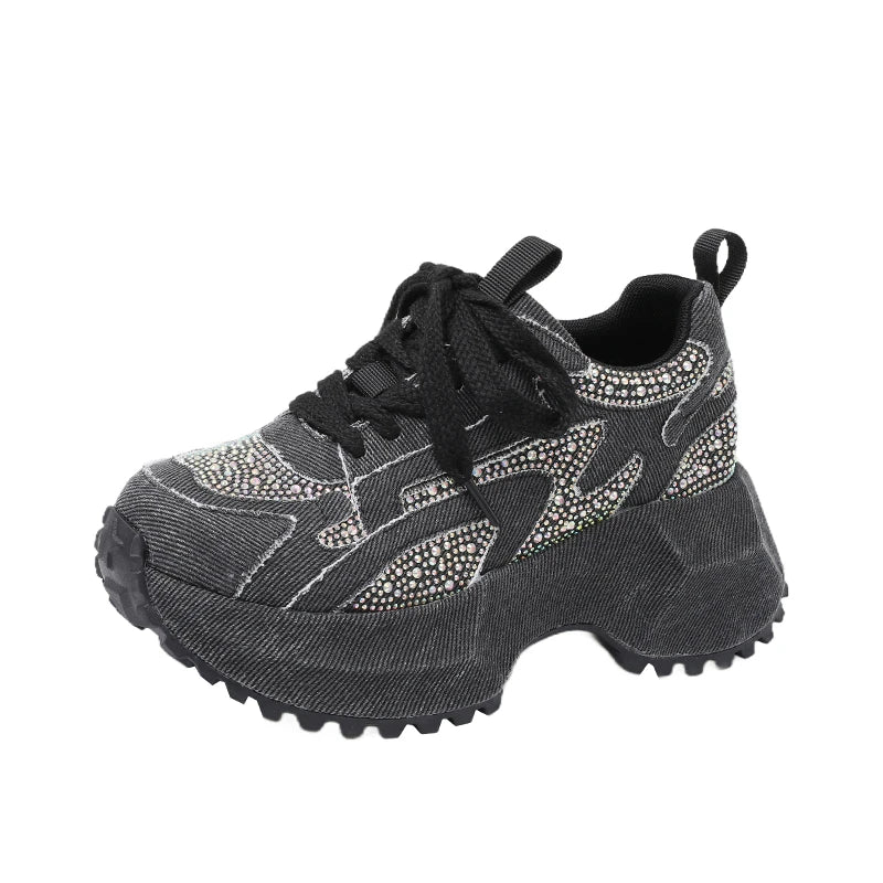 7CM Women Silver Crystal Casual Canvas Chunky Sneakers Woman Stylish Sport Shoes Lace-Up Platform Luxury Shoes zapatos mujer