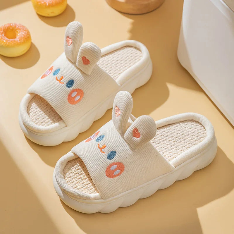 Home Linen Slipper for Women Cute Bunny Clouds Flip Flops Female Design Cozy Shoes Slides Four Season Platform Couples Sandals