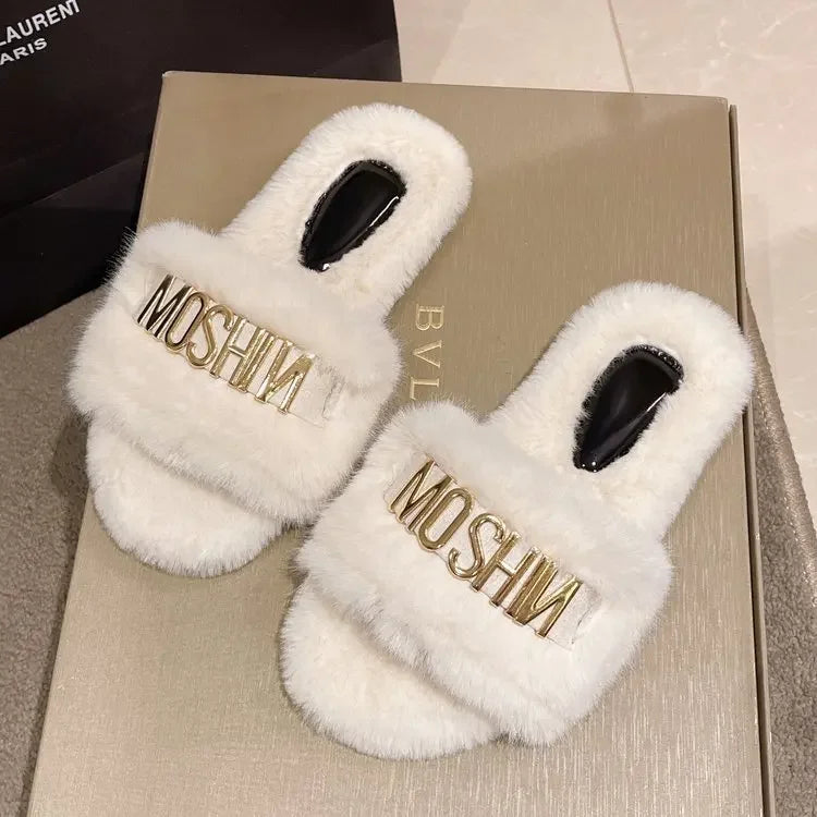 Plus Size 35-42 Plush Slippers Women Autumn and Winter New Fashion Metal Flat Cotton Slippers Non Slip Warm Zapatillas Planas