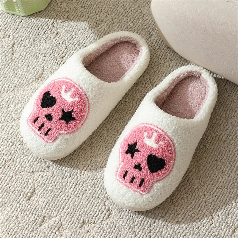 Punk Pink Skull Embroidery Couple Slippers Women 2025 Winter Comfort Flat Heel Cotton Slides Non Slip Plush Indoor Slippers