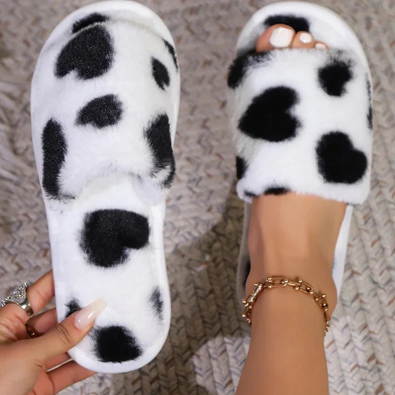 Warm Fluffy Fur Heart Pattern Indoor Slippers for Women 2025 Casual Non Slip Fuzzy House Shoes Woman Winter Bedroom Slippers 43