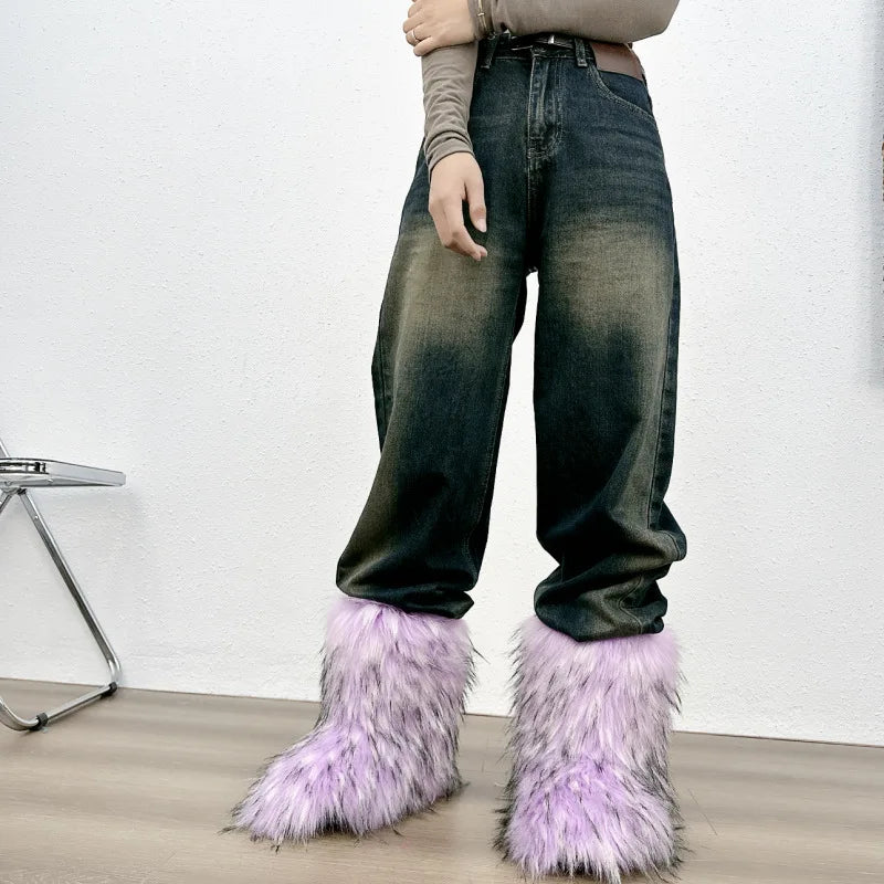 2023 Y2k Fur Snow Boots for Women Winter Warm Plush Boots Outdoor Platform Solid Color Mid Calf Boots Furry Cute Girl Shoes