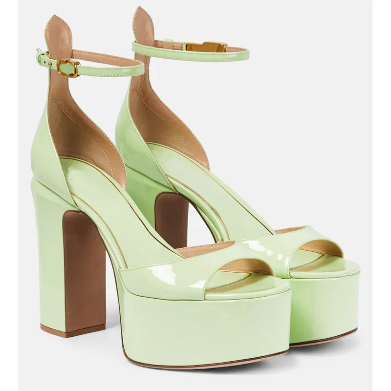 Platform Shallow Cover Heel Sandals Sexy Pointed Toe Ankle Buckle Belt Patent Leather New Arrivals Fashion Women Modern Shoes