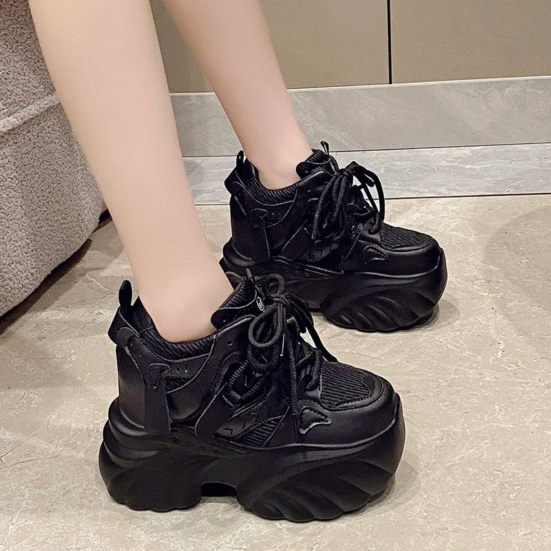 Women Platform Sneakers Lace-up Autumn 11CM Sports Dad Shoes High Top Chunky Casual Shoes Woman Thick Bottom Mesh White Shoes