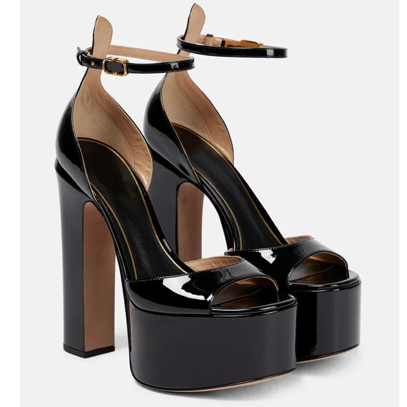 Platform Shallow Cover Heel Sandals Sexy Pointed Toe Ankle Buckle Belt Patent Leather New Arrivals Fashion Women Modern Shoes