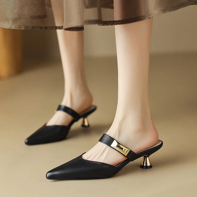 Singbacks Elegant Women Sandals High Heels Summer Pointed Toe Slip-on Mules Shoes Pumps Party Thin Heel Ladies Slippers De Mujer