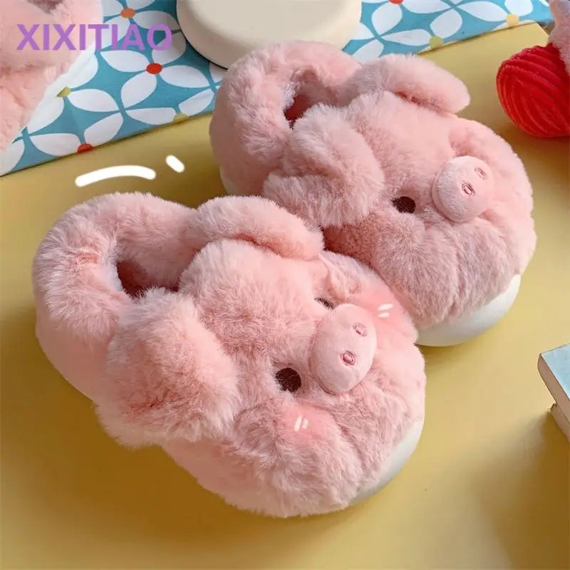 Feerldi Pink fluffy pig slippers women slip on animal slides indoor house furry cotton shoes warm 2024 new girls piggy shoes