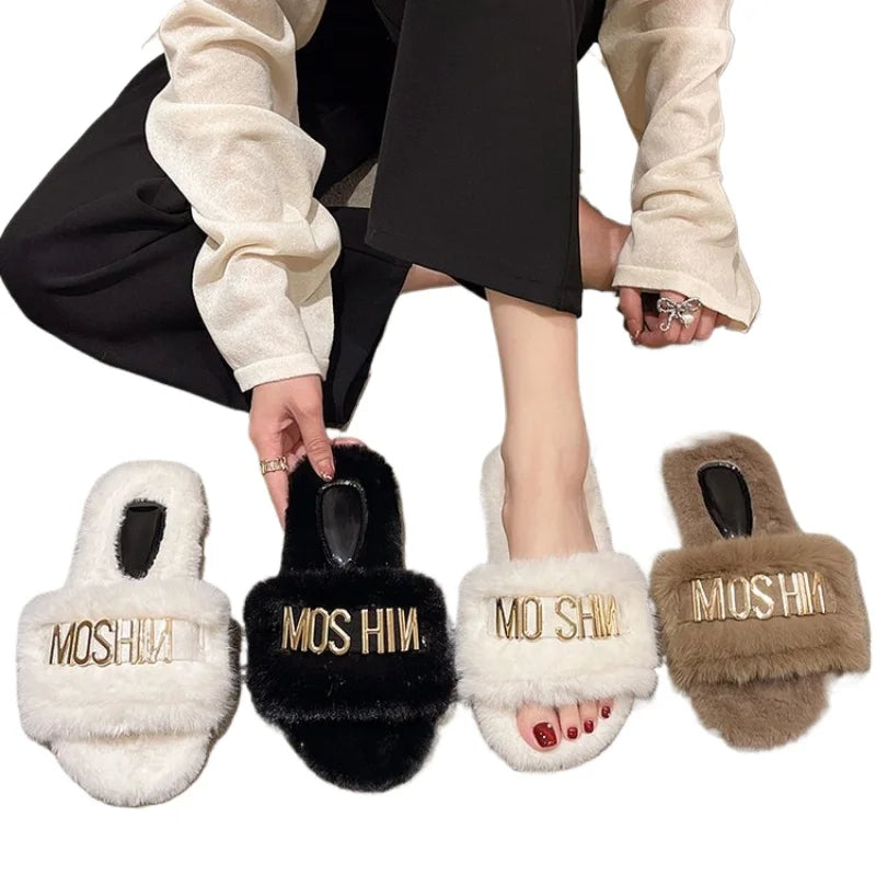 Plus Size 35-42 Plush Slippers Women Autumn and Winter New Fashion Metal Flat Cotton Slippers Non Slip Warm Zapatillas Planas