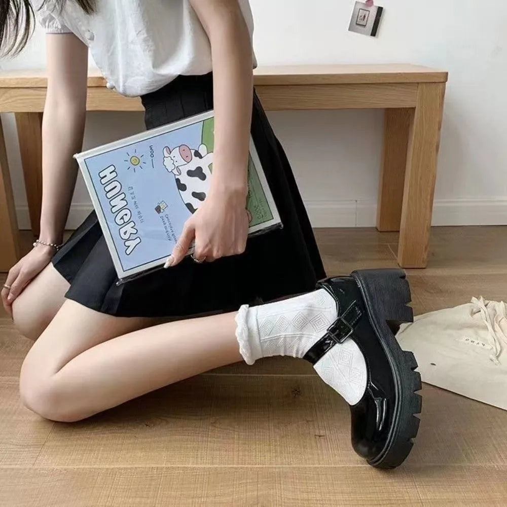 Mary Janes Lolita JK Leather Shoes Glossy/Matte Ankle Buckle Casual Single Shoes Platform Lolita Black High Heels Shoes Lady