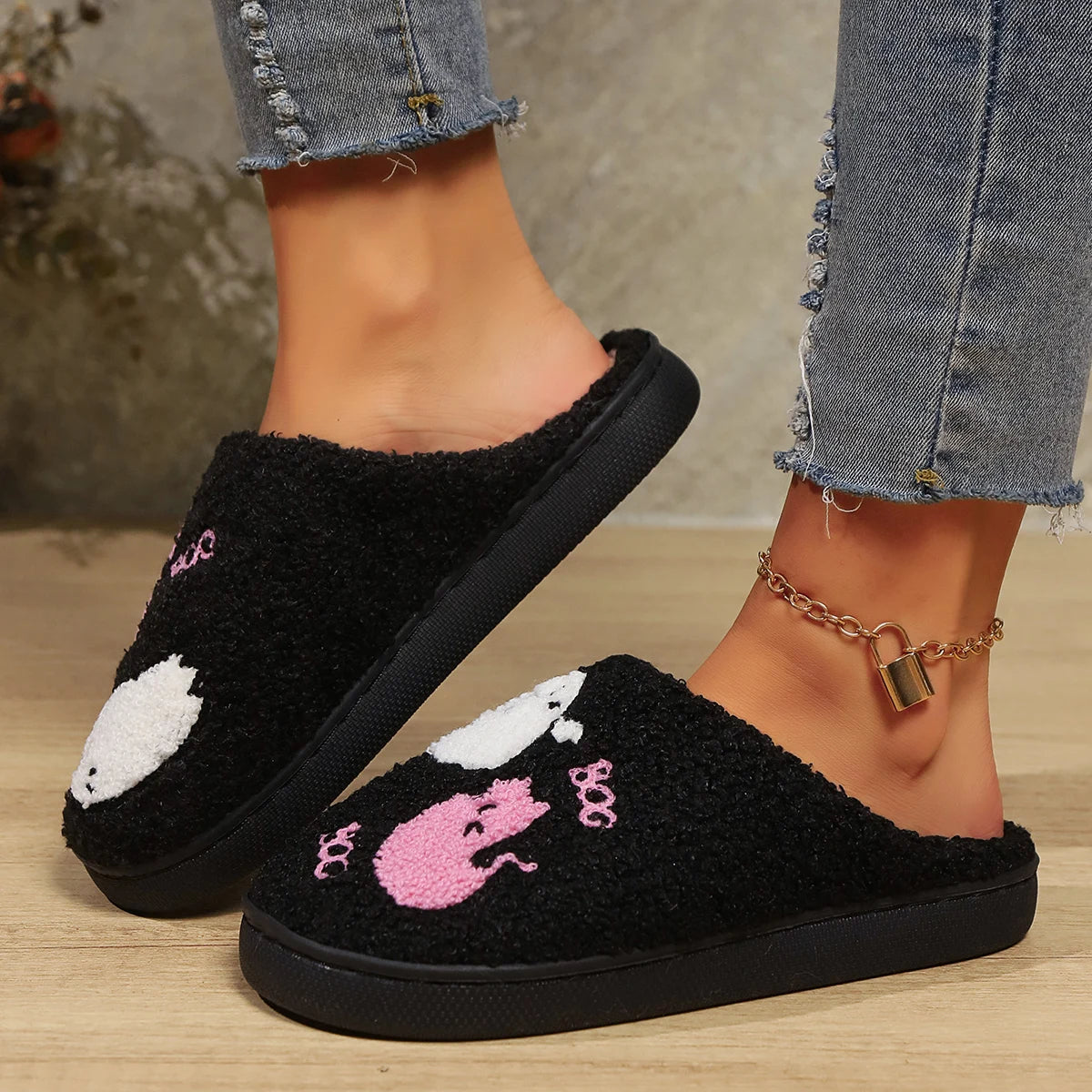 Halloween Angel Devil Plush Slippers for Men & Women, Warm Fluffy Non-Slip Soft Bottom Indoor Home Couple Slippers, Winter Thick