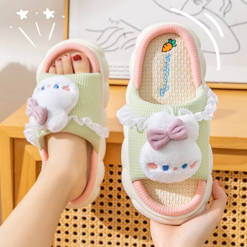 Home Linen Slipper for Women Cute Bunny Clouds Flip Flops Female Design Cozy Shoes Slides Four Season Platform Couples Sandals