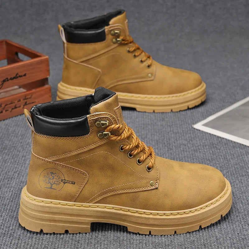 Brand Black Men's Motorcycle Boots Platform Work Boots Man Street Outdoor Biker Shoes Men Leather Ankle Boots for Men Casual