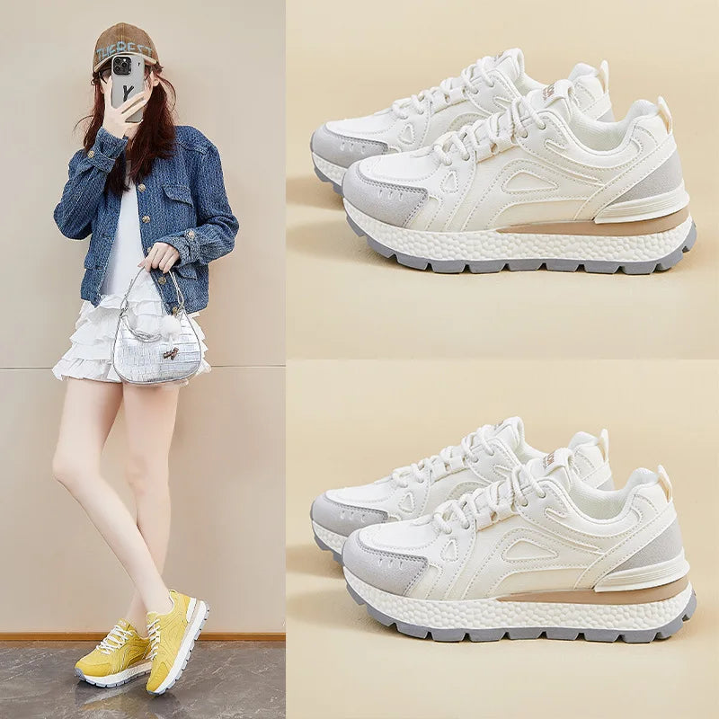 2025 Women's Chunky Dad Shoes, Korean Style Platform Sneakers for Height Increase, Casual Thick Sole Running Shoes for Fall