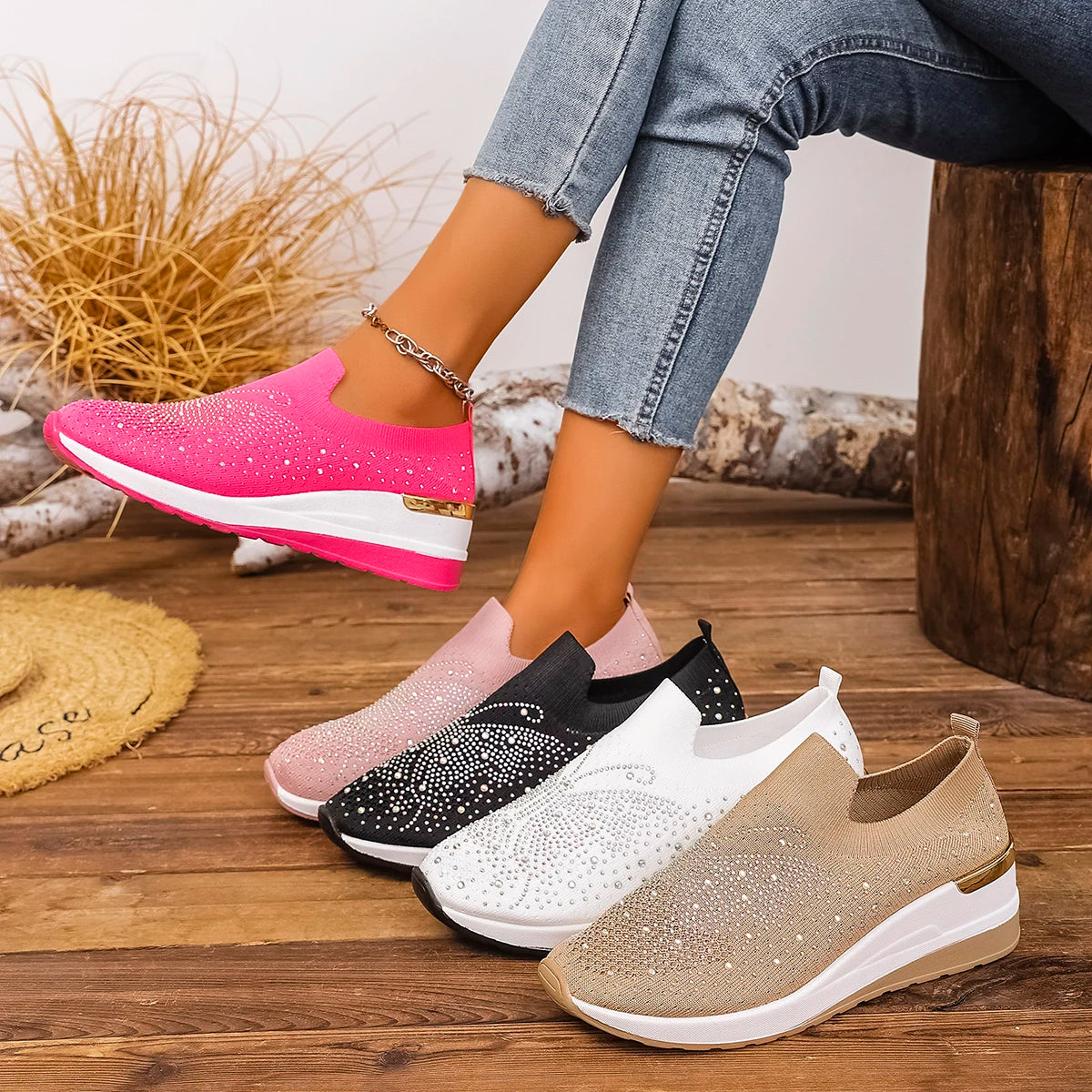 2025 Women Wedges Platform Sneakers Autumn Fashion Woven Round Toe Casual Sneakers Sports Slip-on Non Slip Vulcanized Shoes