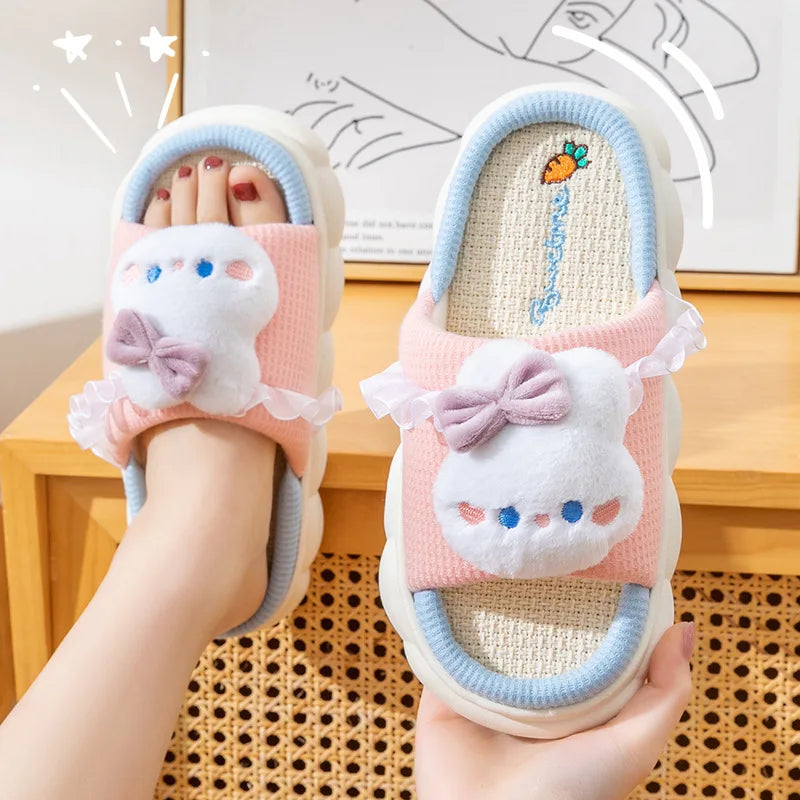 Home Linen Slipper for Women Cute Bunny Clouds Flip Flops Female Design Cozy Shoes Slides Four Season Platform Couples Sandals