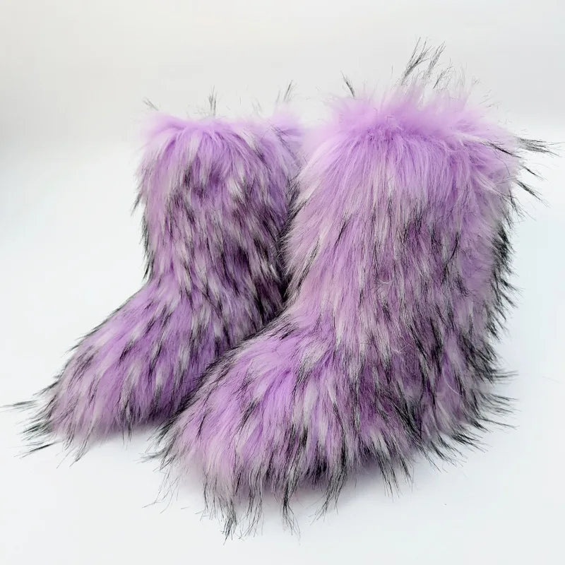 2023 Y2k Fur Snow Boots for Women Winter Warm Plush Boots Outdoor Platform Solid Color Mid Calf Boots Furry Cute Girl Shoes