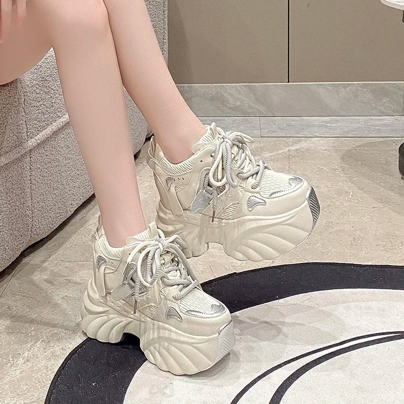 Women Platform Sneakers Lace-up Autumn 11CM Sports Dad Shoes High Top Chunky Casual Shoes Woman Thick Bottom Mesh White Shoes