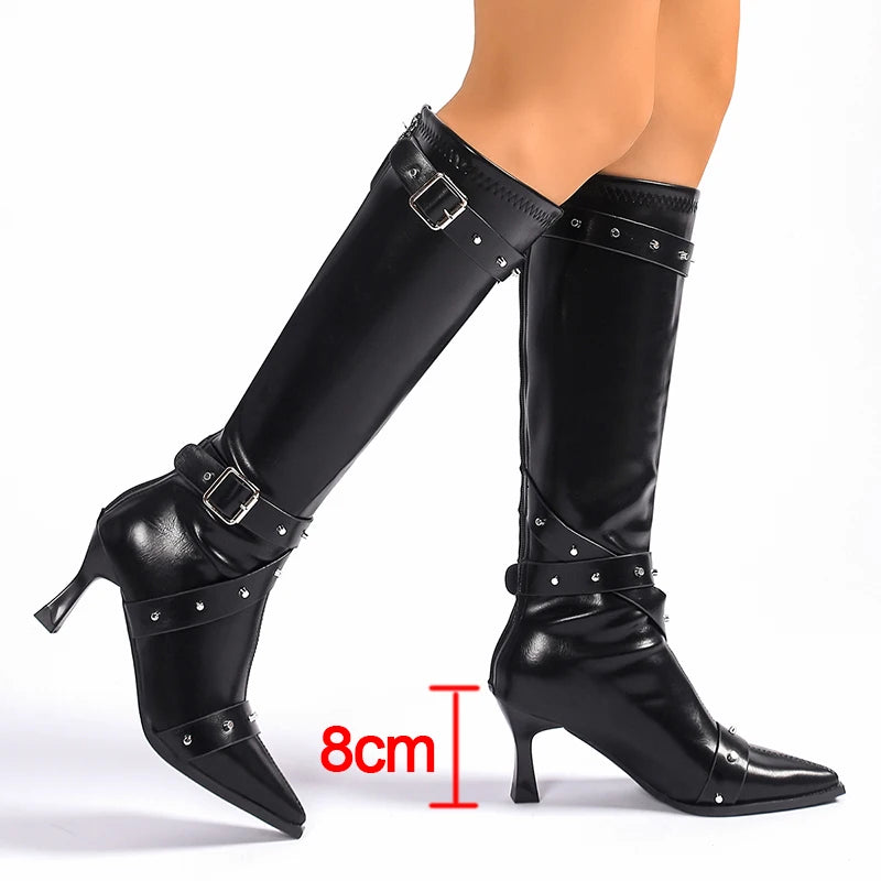 Fashion Stiletto High Heels Women Knee High Boots Sexy Point Toe Night Club Party Shoes Woman Rivet Buckle PU Leather Long Boots