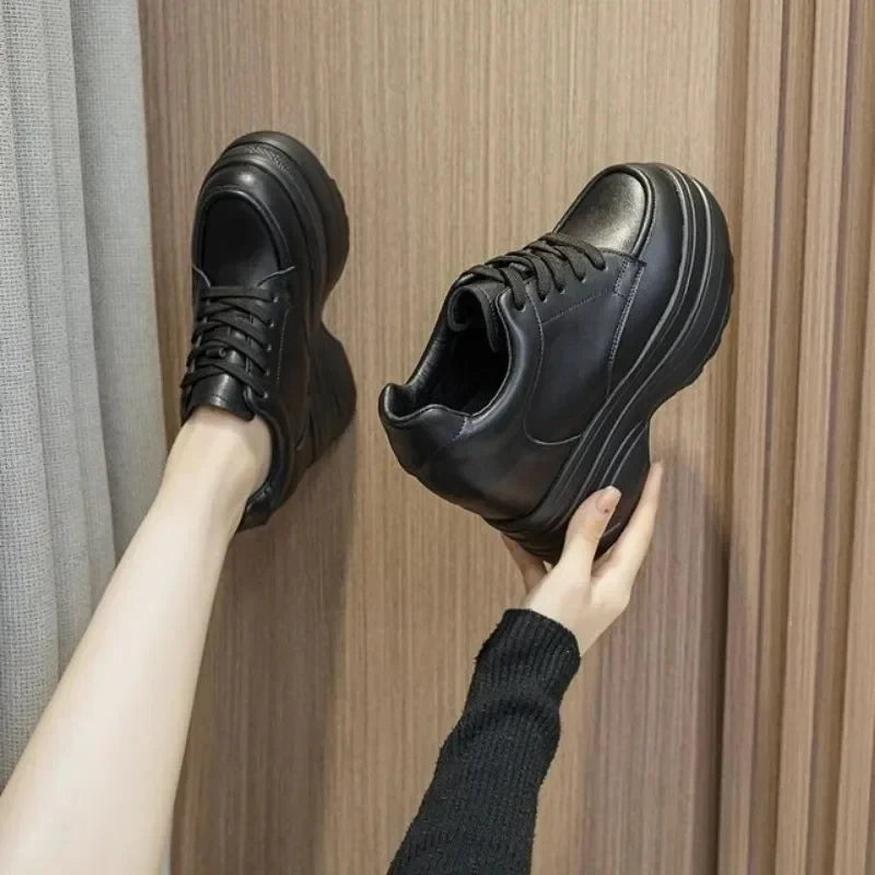 New Women Sneakers Genuine Leather Casual Platform Trainers Black Shoe 11CM Heels Autumn Wedges Woman Height Increasing Shoes