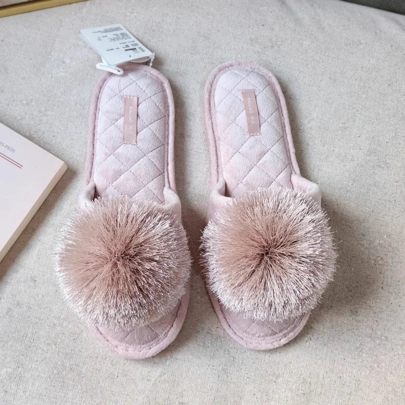 New Winter Open Toe Slipper Fashion Fur Thick Sole Flats Heel Ladies Casual Slip On Bedroom Shoes Soft Outdoor Slides Shoes