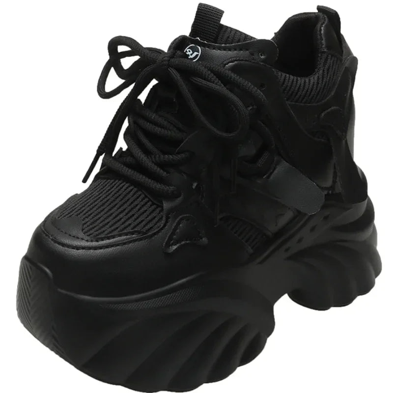 Women Platform Sneakers Lace-up Autumn 11CM Sports Dad Shoes High Top Chunky Casual Shoes Woman Thick Bottom Mesh White Shoes